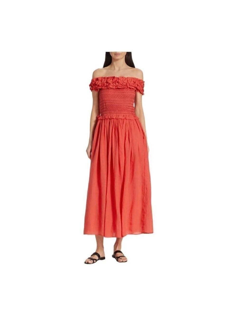 SEA Frida Red Ruffled Off-the-Shoulder Midi Dress Size Small